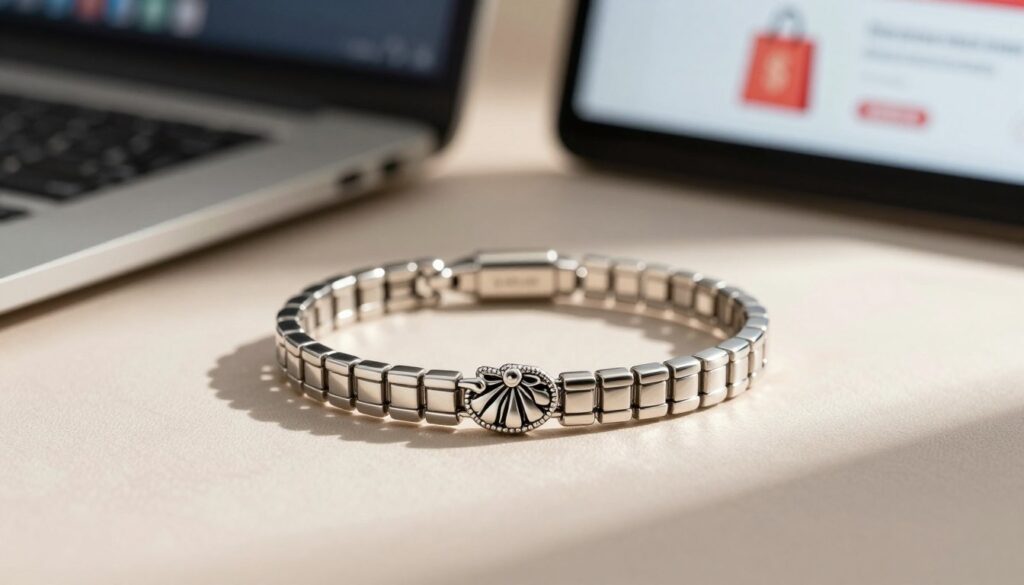 A close-up view of a beautiful stainless steel bracelet with intricate charm designs, showcasing its shiny, durable finish. The bracelet is elegantly placed on a soft, textured fabric surface, casting subtle shadows and highlighting the craftsmanship. Soft, diffused natural light bathes the scene, creating a warm and inviting atmosphere. In the background, blurred elements of an online shopping interface, like a glowing laptop screen and a stylized shopping bag, suggest a seamless online shopping experience. The overall mood is one of convenience and elegance, perfect for a modern, stylish accessory. The composition is inviting and sophisticated, focusing solely on the bracelet’s beauty and the comfort of online shopping. A close-up view of a beautiful stainless steel bracelet with intricate charm designs, showcasing its shiny, durable finish. The bracelet is elegantly placed on a soft, textured fabric surface, casting subtle shadows and highlighting the craftsmanship. Soft, diffused natural light bathes the scene, creating a warm and inviting atmosphere. In the background, blurred elements of an online shopping interface, like a glowing laptop screen and a stylized shopping bag, suggest a seamless online shopping experience. The overall mood is one of convenience and elegance, perfect for a modern, stylish accessory. The composition is inviting and sophisticated, focusing solely on the bracelet’s beauty and the comfort of online shopping.