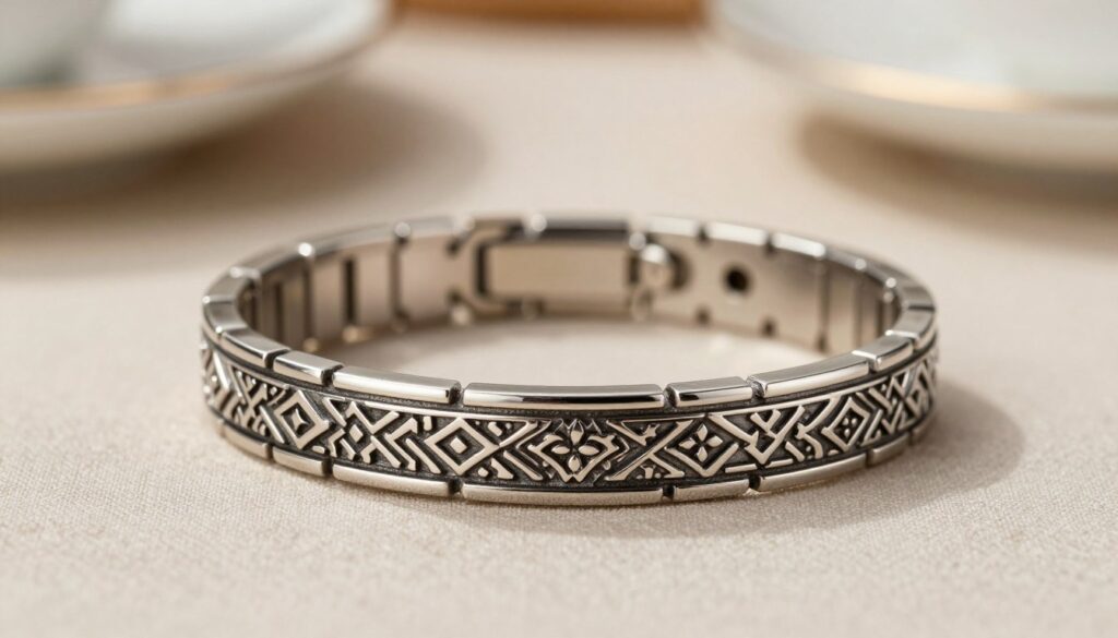 A close-up view of a beautifully designed stainless steel bracelet with intricate decorative motifs, featuring a blend of elegant geometric patterns and subtle floral elements. The foreground showcases the bracelet elegantly resting on a soft, textured fabric, emphasizing its shiny surface and craftsmanship. In the middle ground, a softly blurred background reveals a serene setting with neutral tones that enhance the metallic features of the bracelet. The lighting is warm and inviting, highlighting the contours and reflective quality of the steel. The atmosphere is sophisticated yet approachable, perfect for illustrating a discussion about ideal decorative themes in jewelry. A close-up view of a beautifully designed stainless steel bracelet with intricate decorative motifs, featuring a blend of elegant geometric patterns and subtle floral elements. The foreground showcases the bracelet elegantly resting on a soft, textured fabric, emphasizing its shiny surface and craftsmanship. In the middle ground, a softly blurred background reveals a serene setting with neutral tones that enhance the metallic features of the bracelet. The lighting is warm and inviting, highlighting the contours and reflective quality of the steel. The atmosphere is sophisticated yet approachable, perfect for illustrating a discussion about ideal decorative themes in jewelry.