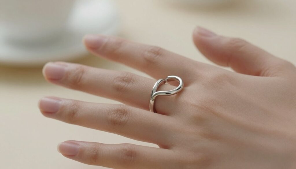 A close-up view of a hand wearing a comfortable, flexible ring made of surgical steel, showcasing its unique elastic design. The hand is elegantly positioned, with fingers slightly spread to emphasize the ring's fit and comfort. The background is softly blurred to create a serene ambiance, featuring a softly lit, neutral-colored surface that enhances the metallic shine of the ring. Natural light gently highlights the curves and details of the ring, adding warmth to the scene. The mood is inviting and reassuring, reflecting the idea of jewelry that adapts perfectly to the wearer’s hand. A close-up view of a hand wearing a comfortable, flexible ring made of surgical steel, showcasing its unique elastic design. The hand is elegantly positioned, with fingers slightly spread to emphasize the ring's fit and comfort. The background is softly blurred to create a serene ambiance, featuring a softly lit, neutral-colored surface that enhances the metallic shine of the ring. Natural light gently highlights the curves and details of the ring, adding warmth to the scene. The mood is inviting and reassuring, reflecting the idea of jewelry that adapts perfectly to the wearer’s hand.