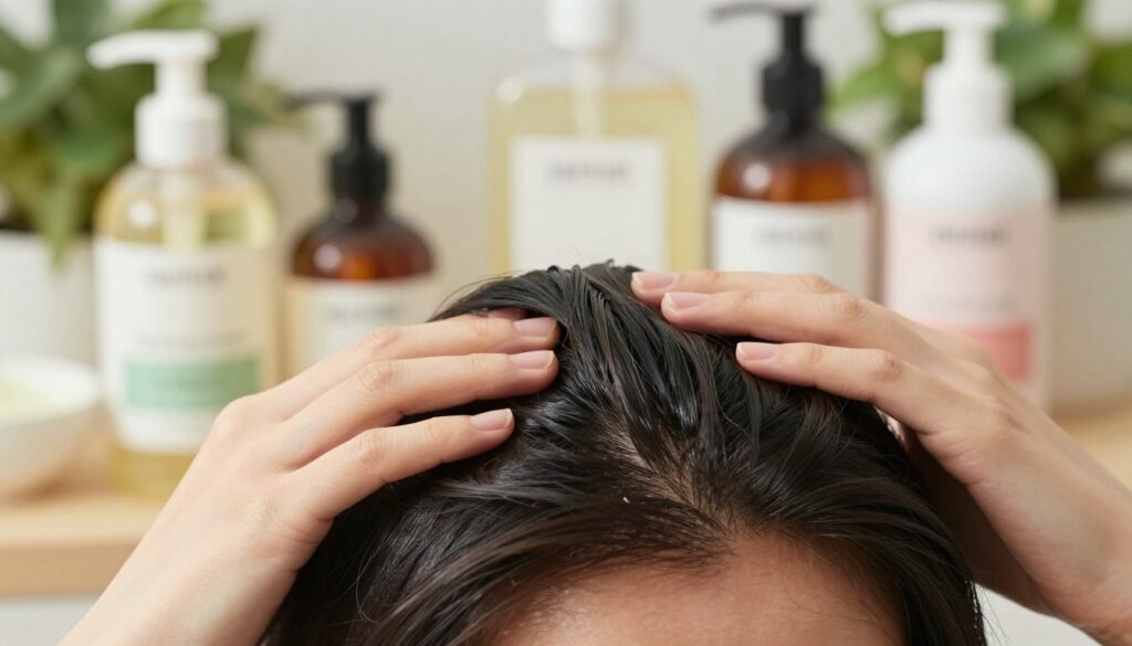 A close-up view of a healthy scalp, showcasing the texture and natural sheen of the skin. In the foreground, a hand gently massages the scalp, illustrating a nurturing approach to hair care. The middle ground features a variety of shampoo and conditioner bottles, stylishly arranged with labels that reflect their hydrating properties, emphasizing scalp care. The background is softly blurred with greenery and soothing natural elements, creating a calm and refreshing atmosphere. The lighting is bright and natural, enhancing the skin textures while evoking a sense of cleanliness and health. The image focuses on the relationship between scalp health and hair care products, designed to attract readers interested in effective scalp maintenance.