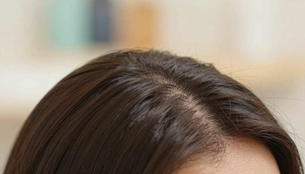 A close-up view of a healthy scalp with fine details highlighting natural textures, pores, and hair follicles. The foreground features strands of clean, smooth hair grazing the scalp, emphasizing shine and vitality. In the middle ground, the scalp's skin is shown in a soft, warm light, accentuating its softness and health. The background is softly blurred, containing subtle colors to create a harmonious atmosphere, suggesting a serene bathroom environment with gentle, ambient lighting. The mood is calm and soothing, reflecting a focus on proper scalp care and the consequences of common grooming mistakes. The image should evoke a sense of clarity and professionalism, and convey insights into scalp health without any distracting elements.