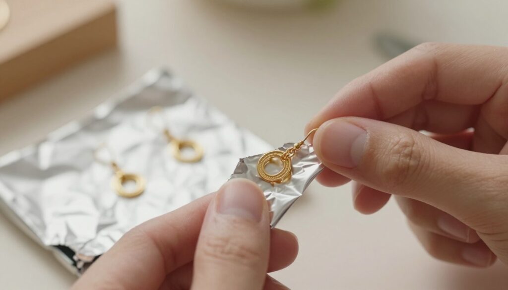 A close-up view of a pair of elegant gold earrings being cleaned with aluminum foil. In the foreground, hands gently hold a balled piece of shiny aluminum foil, carefully rubbing it against the surface of the gold earrings, showcasing their intricate design. The middle ground features a soft, reflective surface to emphasize the gleam of the gold and the metallic sheen of the foil. The background is softly blurred to maintain focus on the cleaning action, with warm, natural lighting that creates a cozy atmosphere. The image conveys a sense of care and attentiveness, highlighting the importance of using aluminum foil as a gentle cleaning method for delicate jewelry.