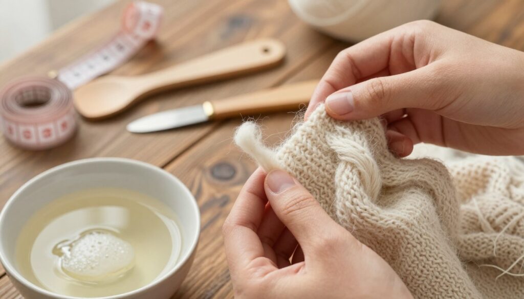 A close-up view of a pair of hands gently examining a shrunk wool sweater in soft, natural light. The focus is on a single wool fiber, displaying its texture and elasticity, with a contrasting unshrunk fiber beside it for comparison. In the foreground, a small bowl of warm water with a delicate touch of conditioner is visible, representing the restoration process. In the middle background, a rustic wooden table hosts a few other tools, like a measuring tape and a gentle stretching tool, emphasizing the care needed in this process. The overall atmosphere is calm and informative, with warm tones to create a cozy, homey feel. The image captures the essence of wool care, highlighting the importance of identifying salvageable fibers. A close-up view of a pair of hands gently examining a shrunk wool sweater in soft, natural light. The focus is on a single wool fiber, displaying its texture and elasticity, with a contrasting unshrunk fiber beside it for comparison. In the foreground, a small bowl of warm water with a delicate touch of conditioner is visible, representing the restoration process. In the middle background, a rustic wooden table hosts a few other tools, like a measuring tape and a gentle stretching tool, emphasizing the care needed in this process. The overall atmosphere is calm and informative, with warm tones to create a cozy, homey feel. The image captures the essence of wool care, highlighting the importance of identifying salvageable fibers.