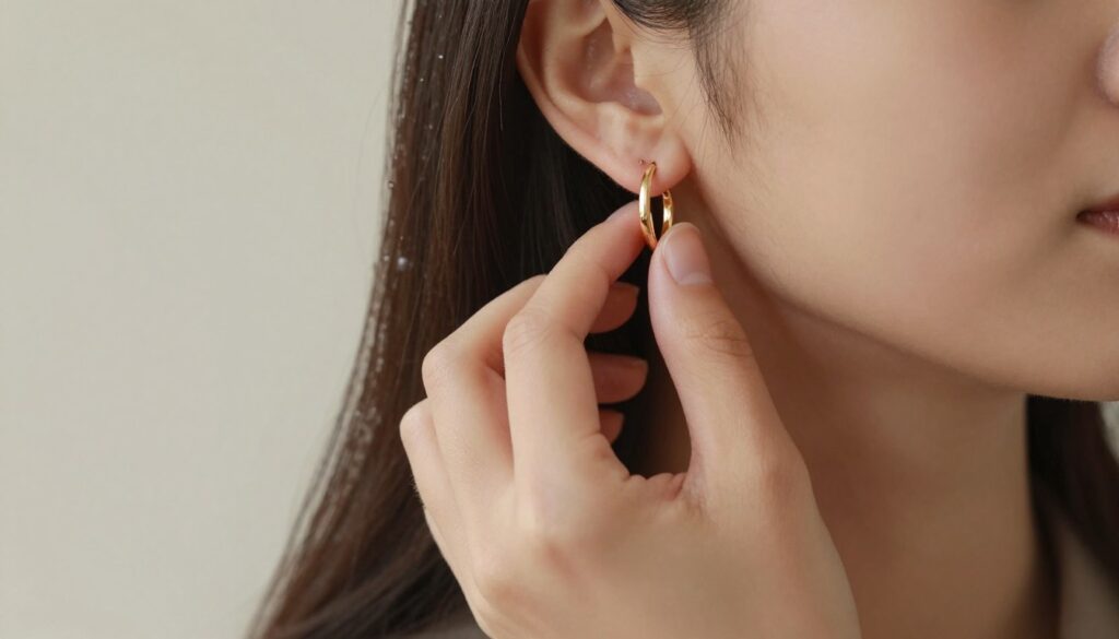 A close-up view of a person demonstrating the technique of putting on hoop earrings, focusing on meticulous hand movements. The foreground captures well-groomed hands, one holding a beautiful gold hoop earring, while the other gently positions it near the earlobe. The middle ground features a clear, unobtrusive background that subtly includes soft, ambient lighting, creating a warm and inviting atmosphere. The subject, dressed in elegant yet modest attire, showcases care and precision, emphasizing the step-by-step process. The image is shot with a shallow depth of field, blurring the background slightly to keep the focus on the jewelry application. The overall mood is calm, professional, and instructional, perfect for an informative article segment. A close-up view of a person demonstrating the technique of putting on hoop earrings, focusing on meticulous hand movements. The foreground captures well-groomed hands, one holding a beautiful gold hoop earring, while the other gently positions it near the earlobe. The middle ground features a clear, unobtrusive background that subtly includes soft, ambient lighting, creating a warm and inviting atmosphere. The subject, dressed in elegant yet modest attire, showcases care and precision, emphasizing the step-by-step process. The image is shot with a shallow depth of field, blurring the background slightly to keep the focus on the jewelry application. The overall mood is calm, professional, and instructional, perfect for an informative article segment.