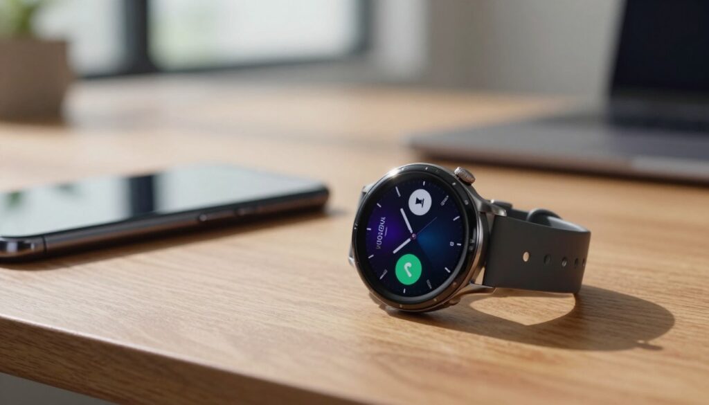 A close-up view of a sleek Samsung Galaxy Watch situated on a stylish wooden desk. The watch features a vibrant display showcasing a call interface, with emphasis on its advanced communication capabilities. In the background, a blurred office setting hints at a professional atmosphere, with soft natural light filtering through a nearby window, casting gentle shadows. The watch is positioned slightly to the right, with a modern smartphone partially visible on the left, creating a connection between the devices. The mood is focused and innovative, highlighting the smartwatch as a pivotal tool for communication, blending technology with everyday life. The image should convey a sense of sophistication and functionality, ideally shot from a slightly elevated angle for a dynamic perspective.