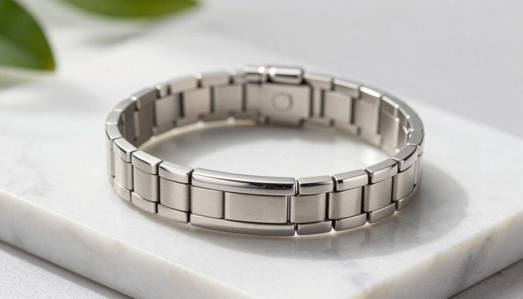 A close-up view of a stylish surgical steel bracelet elegantly displayed on a pristine marble surface. The bracelet features a sleek, polished design with intricate details, reflecting light beautifully. Soft, diffused natural lighting from the left casts gentle shadows, enhancing the texture of the steel. In the background, there are subtle hints of greenery to create a fresh atmosphere, implying that the bracelet is an ideal addition for everyday use. The color palette is muted and sophisticated, emphasizing the elegance and durability of surgical steel. The overall mood is one of refinement and comfort, suggesting that the bracelet is safe and suitable for prolonged wear. No text or watermarks are present in the image. A close-up view of a stylish surgical steel bracelet elegantly displayed on a pristine marble surface. The bracelet features a sleek, polished design with intricate details, reflecting light beautifully. Soft, diffused natural lighting from the left casts gentle shadows, enhancing the texture of the steel. In the background, there are subtle hints of greenery to create a fresh atmosphere, implying that the bracelet is an ideal addition for everyday use. The color palette is muted and sophisticated, emphasizing the elegance and durability of surgical steel. The overall mood is one of refinement and comfort, suggesting that the bracelet is safe and suitable for prolonged wear. No text or watermarks are present in the image.