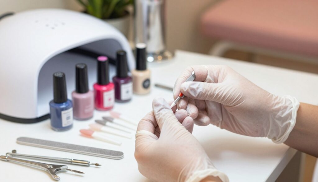 A close-up view of a well-organized nail technician's workspace focused on the most common mistakes in hybrid nail manicures. In the foreground, display a pair of hands wearing protective gloves, demonstrating incorrect nail application techniques, such as uneven polish and improper curing. The middle section features various nail tools like files, cuticle pushers, and bottles of nail polish, with a few improperly applied nail tips highlighted. In the background, there’s a softly illuminated salon environment with a cozy atmosphere, featuring a nail lamp and calming colors. Utilize soft, even lighting to create a professional and inviting feel, capturing a sense of learning and improvement, while emphasizing the theme of common hybrid manicure errors.