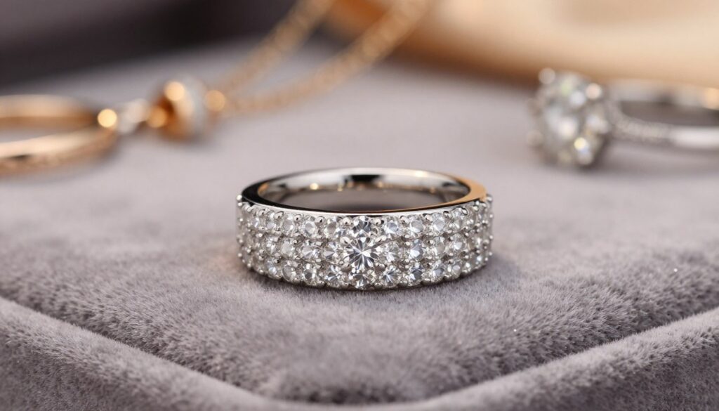 A close-up view of a wide stainless steel ring adorned with shimmering cubic zirconia crystals. The foreground showcases the ring elegantly resting on a soft, velvet surface, capturing light to highlight the precision of the stone settings. In the middle ground, a subtle blur of other fashion accessories complements the ring, adding a sense of context without drawing attention away. The background features a softly lit environment with warm, ambient lighting, enhancing the luxurious feel of the piece. The atmosphere is sophisticated yet inviting, perfect for showcasing the beauty of modern jewelry design. This scene should evoke a sense of elegance, making the ring the focal point of attention. A close-up view of a wide stainless steel ring adorned with shimmering cubic zirconia crystals. The foreground showcases the ring elegantly resting on a soft, velvet surface, capturing light to highlight the precision of the stone settings. In the middle ground, a subtle blur of other fashion accessories complements the ring, adding a sense of context without drawing attention away. The background features a softly lit environment with warm, ambient lighting, enhancing the luxurious feel of the piece. The atmosphere is sophisticated yet inviting, perfect for showcasing the beauty of modern jewelry design. This scene should evoke a sense of elegance, making the ring the focal point of attention.