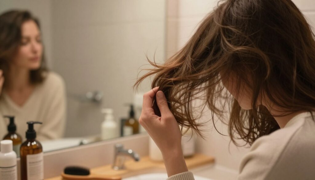 A close-up view of a woman in a cozy, softly-lit bathroom, experiencing the phenomenon of static electricity in her hair. Her hair is visibly frizzy and stands on end, with a soft glow around the strands to emphasize the effect of electric charge. She has a thoughtful expression as she looks in the mirror, dressed in a casual light sweater. In the foreground, a wooden countertop with hair care products scattered, such as a hydrating serum and a comb. The background features a warm atmosphere with blurred bathroom tiles and gentle light reflections, creating an inviting, serene mood. Use a shallow depth of field to focus sharply on her hair while softly blurring the background, capturing the essence of everyday hair care challenges during winter. A close-up view of a woman in a cozy, softly-lit bathroom, experiencing the phenomenon of static electricity in her hair. Her hair is visibly frizzy and stands on end, with a soft glow around the strands to emphasize the effect of electric charge. She has a thoughtful expression as she looks in the mirror, dressed in a casual light sweater. In the foreground, a wooden countertop with hair care products scattered, such as a hydrating serum and a comb. The background features a warm atmosphere with blurred bathroom tiles and gentle light reflections, creating an inviting, serene mood. Use a shallow depth of field to focus sharply on her hair while softly blurring the background, capturing the essence of everyday hair care challenges during winter.