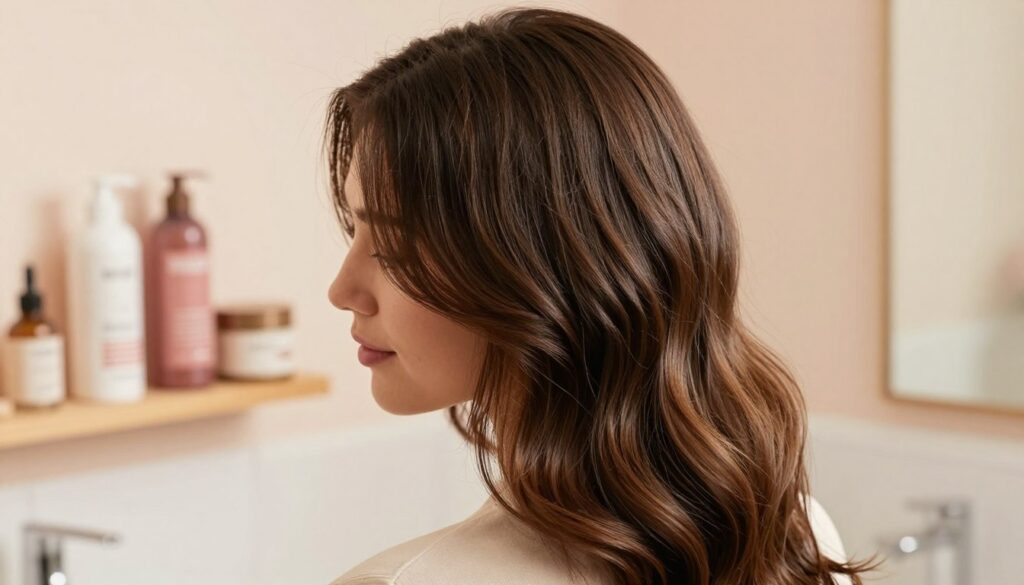 A close-up view of a woman's hair showcasing healthy volume at the roots without any signs of heaviness or dryness. The woman stands in a softly lit bathroom with warm, natural light illuminating her hair. The foreground features her hair beautifully styled, with gentle waves adding to the volumetric effect. In the middle, you can see hair care products like volumizing shampoo and conditioner artfully arranged on a wooden shelf, emphasizing a focus on proper hair care. The background fades into soft pastel colors, providing a serene atmosphere. The mood is uplifting, highlighting confidence and beauty through effective hair care, with the woman dressed in modest, professional attire. The camera angle captures the hair’s texture and shine, creating a fresh and inviting look. A close-up view of a woman's hair showcasing healthy volume at the roots without any signs of heaviness or dryness. The woman stands in a softly lit bathroom with warm, natural light illuminating her hair. The foreground features her hair beautifully styled, with gentle waves adding to the volumetric effect. In the middle, you can see hair care products like volumizing shampoo and conditioner artfully arranged on a wooden shelf, emphasizing a focus on proper hair care. The background fades into soft pastel colors, providing a serene atmosphere. The mood is uplifting, highlighting confidence and beauty through effective hair care, with the woman dressed in modest, professional attire. The camera angle captures the hair’s texture and shine, creating a fresh and inviting look.