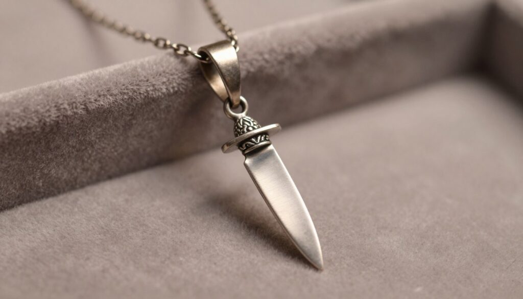 A close-up view of an artistic knife necklace, showcasing its intricate details and symbolic design. In the foreground, the necklace hangs elegantly from a delicate chain, with the knife pendant glimmering subtly. The background is softly blurred, featuring a plush velvet surface, adding a luxurious touch. Warm, diffused lighting highlights the metal's textures and creates gentle shadows, enhancing the necklace's unique features. The entire atmosphere exudes a sense of craftsmanship and individuality, reflecting the alternative elegance of this piece of jewelry. The camera angle is positioned at a slight downward tilt, emphasizing the pendant’s uniqueness without including any human subjects. A close-up view of an artistic knife necklace, showcasing its intricate details and symbolic design. In the foreground, the necklace hangs elegantly from a delicate chain, with the knife pendant glimmering subtly. The background is softly blurred, featuring a plush velvet surface, adding a luxurious touch. Warm, diffused lighting highlights the metal's textures and creates gentle shadows, enhancing the necklace's unique features. The entire atmosphere exudes a sense of craftsmanship and individuality, reflecting the alternative elegance of this piece of jewelry. The camera angle is positioned at a slight downward tilt, emphasizing the pendant’s uniqueness without including any human subjects.