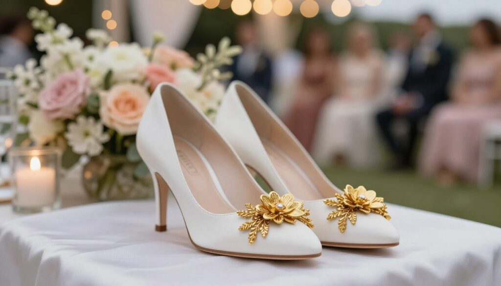 A close-up view of elegant gold shoe clips adorned with intricate floral designs, glimmering subtly in soft, warm light. The foreground features a pair of stylish, white wedding shoes delicately placed on a satin fabric backdrop, emphasizing the luxurious golden accents. In the middle ground, a gentle bokeh effect creates a dreamy atmosphere with blurred pastel-colored wedding decorations and soft blooms. The background hints at an outdoor wedding venue, complete with romantic fairy lights and softly blurred guests in modest, formal attire to enhance the scene's elegance. The overall mood is sophisticated and celebratory, capturing the essence of wedding fashion with a focus on the beauty and detail of golden shoe accessories. A close-up view of elegant gold shoe clips adorned with intricate floral designs, glimmering subtly in soft, warm light. The foreground features a pair of stylish, white wedding shoes delicately placed on a satin fabric backdrop, emphasizing the luxurious golden accents. In the middle ground, a gentle bokeh effect creates a dreamy atmosphere with blurred pastel-colored wedding decorations and soft blooms. The background hints at an outdoor wedding venue, complete with romantic fairy lights and softly blurred guests in modest, formal attire to enhance the scene's elegance. The overall mood is sophisticated and celebratory, capturing the essence of wedding fashion with a focus on the beauty and detail of golden shoe accessories.
