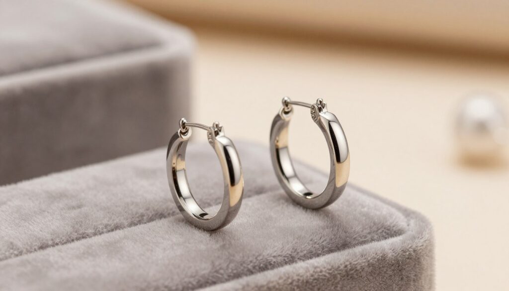 A close-up view of elegant hoop earrings made from polished surgical steel, showcasing their contemporary design and reflective surface. The foreground features the earrings prominently displayed on a soft, textured fabric such as velvet in a neutral tone, highlighting their shine and intricate details. In the middle ground, a softly blurred stylish jewelry box complements the scene, suggesting luxury and exclusivity. The background should be a subtle, softly lit surface, reminiscent of a chic boutique atmosphere with gentle warm lighting that enhances the metallic shine while creating a cozy ambiance. The overall mood is modern and sophisticated, appealing to fashion-conscious individuals seeking new stylish accessories. A close-up view of elegant hoop earrings made from polished surgical steel, showcasing their contemporary design and reflective surface. The foreground features the earrings prominently displayed on a soft, textured fabric such as velvet in a neutral tone, highlighting their shine and intricate details. In the middle ground, a softly blurred stylish jewelry box complements the scene, suggesting luxury and exclusivity. The background should be a subtle, softly lit surface, reminiscent of a chic boutique atmosphere with gentle warm lighting that enhances the metallic shine while creating a cozy ambiance. The overall mood is modern and sophisticated, appealing to fashion-conscious individuals seeking new stylish accessories.