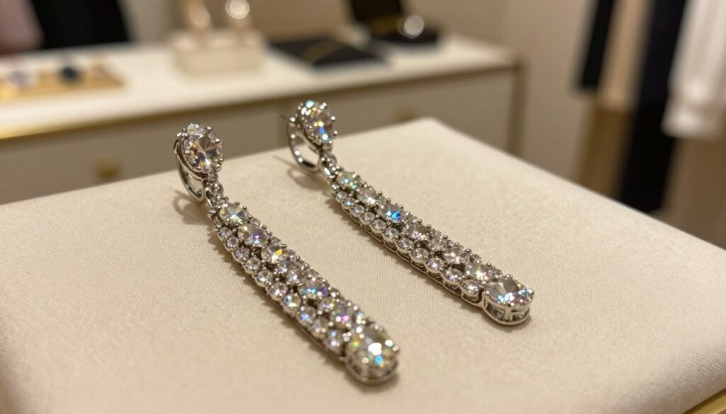 A close-up view of elegant, long sparkling earrings made of durable materials, displayed on a softly textured fabric background. The earrings should feature intricate designs that catch the light, showcasing their resilience and beauty. In the foreground, focus on the shimmering gemstones, reflecting various colors, while the mid-ground emphasizes the craftsmanship with delicate metalwork. The background consists of a blurred, upscale dressing table with subtle hints of a sophisticated outfit and accessories, adding context to the earrings' intended use. Warm, soft lighting creates an intimate atmosphere, enhancing the luxurious feel of the image, captured using a shallow depth of field to isolate the earrings as the focal point. A close-up view of elegant, long sparkling earrings made of durable materials, displayed on a softly textured fabric background. The earrings should feature intricate designs that catch the light, showcasing their resilience and beauty. In the foreground, focus on the shimmering gemstones, reflecting various colors, while the mid-ground emphasizes the craftsmanship with delicate metalwork. The background consists of a blurred, upscale dressing table with subtle hints of a sophisticated outfit and accessories, adding context to the earrings' intended use. Warm, soft lighting creates an intimate atmosphere, enhancing the luxurious feel of the image, captured using a shallow depth of field to isolate the earrings as the focal point.
