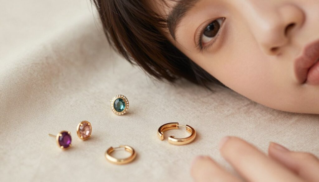 A close-up view of elegantly designed short earrings displayed on a soft, textured fabric background that gently complements their colors. The earrings should be of various styles, including studs and small hoops, featuring delicate gemstones and intricate metalwork. Soft, natural lighting enhances the shine and details of the jewelry, creating a warm and inviting atmosphere. The composition should focus on the earrings in sharp detail while keeping the background softly blurred to draw attention to their beauty. The overall mood should convey sophistication and charm, ideal for enhancing the look of a person with short hair, showcasing how they accentuate facial features and hairstyles. A close-up view of elegantly designed short earrings displayed on a soft, textured fabric background that gently complements their colors. The earrings should be of various styles, including studs and small hoops, featuring delicate gemstones and intricate metalwork. Soft, natural lighting enhances the shine and details of the jewelry, creating a warm and inviting atmosphere. The composition should focus on the earrings in sharp detail while keeping the background softly blurred to draw attention to their beauty. The overall mood should convey sophistication and charm, ideal for enhancing the look of a person with short hair, showcasing how they accentuate facial features and hairstyles.