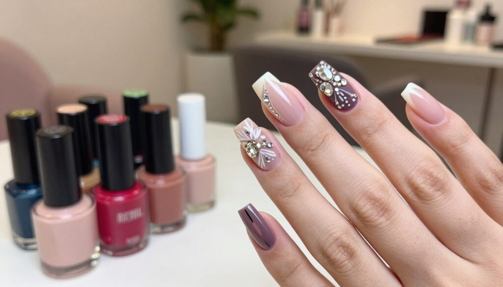 A close-up view of elegantly manicured nails displaying stunning nail art and embellishments, showcasing a variety of designs such as intricate floral patterns, sparkling gems, and artistic geometric shapes. The foreground focuses on a well-groomed hand with soft skin tones, emphasizing the nail details. In the middle ground, a neatly arranged selection of nail polish bottles in vibrant colors and textures creates a visually appealing array, hinting at the artistry involved in nail care. The background is softly blurred, featuring a stylish nail salon environment with gentle, warm lighting that conveys a relaxing, inviting atmosphere. The overall mood is sophisticated and artistic, perfect for illustrating additional services that enhance nail aesthetics.