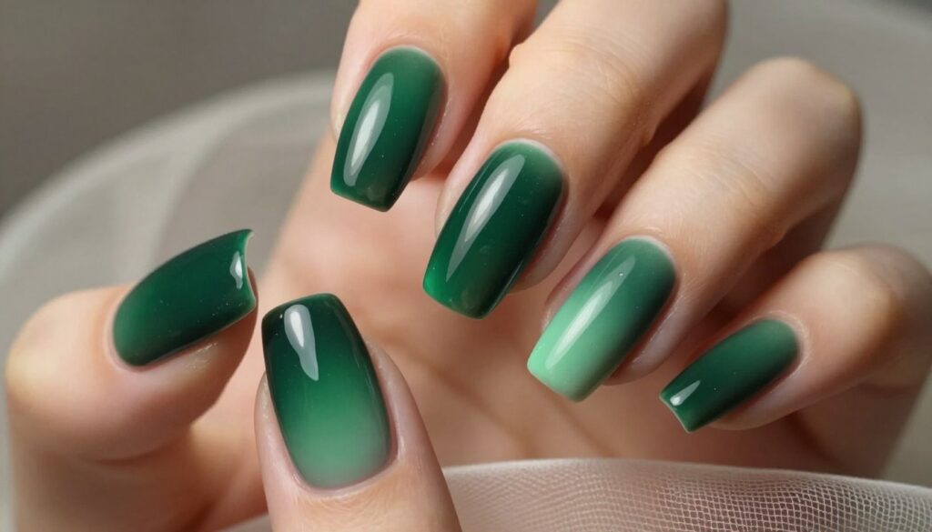 A close-up view of elegantly manicured nails featuring a stunning ombre effect in deep, rich bottle green. The foreground showcases the nails with a glossy finish, transitioning seamlessly from a dark, forest green at the cuticle to a lighter, vibrant shade at the tips. Each nail is perfectly shaped and reflects light, highlighting the nail art's intricate details. In the middle ground, a soft-focus background includes a delicate, textured fabric in muted tones, subtly enhancing the luxurious feel of the image. The lighting is warm and inviting, casting a gentle glow that accentuates the nails' beauty and craftsmanship. The overall atmosphere is sophisticated and elegant, perfect for showcasing a refined manicure.
