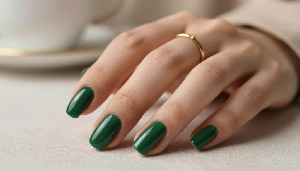 A close-up view of elegantly manicured nails painted in a deep bottle green shade, showcasing a glossy finish. The nails are elegantly positioned on a neutral-toned fabric surface that complements the rich color of the polish. In the foreground, a delicate gold ring adorns one of the fingers, adding a touch of luxury. Soft, diffused lighting highlights the nails, creating a warm and inviting atmosphere. The background features blurred hints of neutral-colored accessories, such as a soft beige scarf and a subtle cream-colored piece, enhancing the overall elegance of the composition. The image captures a sophisticated and refined mood, ideal for showcasing classic pairings with neutral tones.