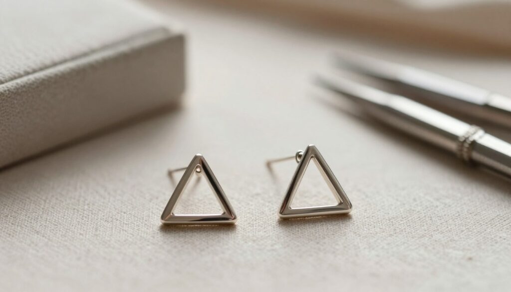 A close-up view of exquisite triangular earrings, showcasing intricate geometric designs and fine craftsmanship. The foreground focuses on a pair of modern, minimalist earrings made of polished silver, featuring sharp angles and a delicate interplay of light and shadow. In the middle, a softly blurred display of jewelry boxes and tools lays scattered, hinting at the meticulous work behind the creation of these pieces. The background softly fades to a textured, neutral fabric that adds warmth to the scene. The lighting is soft and natural, highlighting the shine of the metal and the precision of the details. The mood is elegant and sophisticated, appealing to fans of modern style and highlighting quality and attention to detail in craftsmanship. A close-up view of exquisite triangular earrings, showcasing intricate geometric designs and fine craftsmanship. The foreground focuses on a pair of modern, minimalist earrings made of polished silver, featuring sharp angles and a delicate interplay of light and shadow. In the middle, a softly blurred display of jewelry boxes and tools lays scattered, hinting at the meticulous work behind the creation of these pieces. The background softly fades to a textured, neutral fabric that adds warmth to the scene. The lighting is soft and natural, highlighting the shine of the metal and the precision of the details. The mood is elegant and sophisticated, appealing to fans of modern style and highlighting quality and attention to detail in craftsmanship.