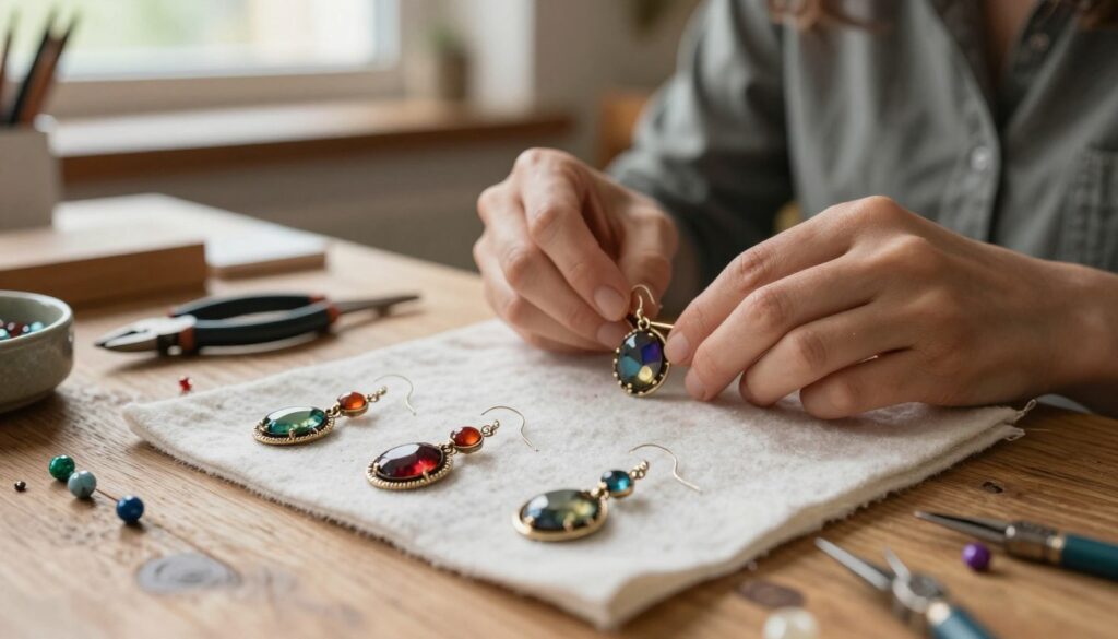 A close-up view of handcrafted earrings displayed on a rustic wooden table in a Polish workshop. The earrings are intricately designed with colorful gemstones and delicate metalwork, showcasing the artistry and craftsmanship involved in making bijou jewelry. The foreground features the earrings on a soft felt cloth, with nearby tools like pliers and beads hinting at the handmade process. In the middle, a skilled artisan’s hands are gently working on a piece of jewelry, wearing modest casual clothing. The background is softly blurred with warm, natural light streaming through a window, highlighting the cozy atmosphere of the workshop. The mood is creative and inviting, emphasizing the unique character of handmade jewelry. A close-up view of handcrafted earrings displayed on a rustic wooden table in a Polish workshop. The earrings are intricately designed with colorful gemstones and delicate metalwork, showcasing the artistry and craftsmanship involved in making bijou jewelry. The foreground features the earrings on a soft felt cloth, with nearby tools like pliers and beads hinting at the handmade process. In the middle, a skilled artisan’s hands are gently working on a piece of jewelry, wearing modest casual clothing. The background is softly blurred with warm, natural light streaming through a window, highlighting the cozy atmosphere of the workshop. The mood is creative and inviting, emphasizing the unique character of handmade jewelry.