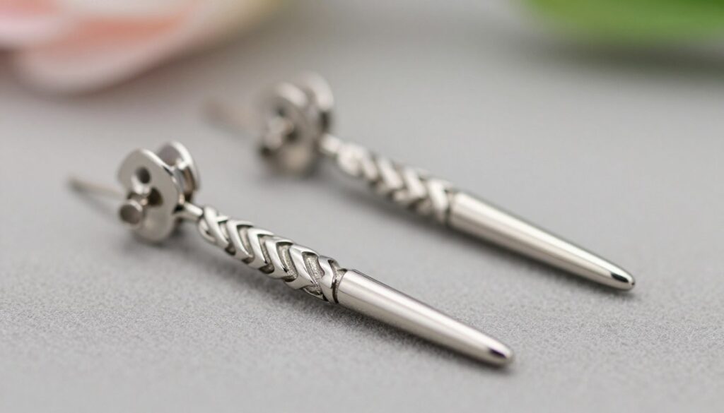 A close-up view of high-quality 316L surgical steel earrings, elegantly designed to reflect light with a polished, shiny finish. The earrings are long and slender, showcasing intricate patterns that emphasize their craftsmanship. In the foreground, focus on the detailed textures of the metal, with soft, diffused lighting highlighting the contours and reflective surfaces, creating a sense of depth. In the middle, a pair of earrings is displayed on a subtle, neutral fabric, suggesting sophistication and elegance. The background features a soft bokeh effect of muted colors, enhancing the subject while conveying an upscale atmosphere. The overall mood is refined and professional, perfect for illustrating the craftsmanship and quality in jewelry production. A close-up view of high-quality 316L surgical steel earrings, elegantly designed to reflect light with a polished, shiny finish. The earrings are long and slender, showcasing intricate patterns that emphasize their craftsmanship. In the foreground, focus on the detailed textures of the metal, with soft, diffused lighting highlighting the contours and reflective surfaces, creating a sense of depth. In the middle, a pair of earrings is displayed on a subtle, neutral fabric, suggesting sophistication and elegance. The background features a soft bokeh effect of muted colors, enhancing the subject while conveying an upscale atmosphere. The overall mood is refined and professional, perfect for illustrating the craftsmanship and quality in jewelry production.