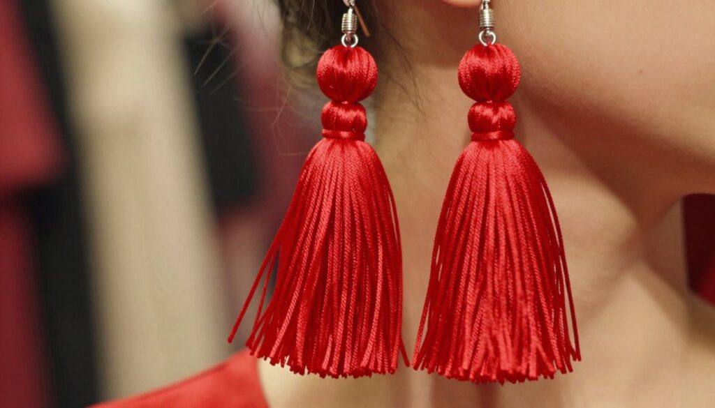 A close-up view of vibrant red tassel earrings, showcasing their flowing design and intricate details. The earrings are elegantly displayed in the foreground, with soft, warm lighting that highlights their texture and color. In the middle ground, a softly blurred background features an abstract representation of a fashion-forward setting, perhaps with hints of elegant fabrics or stylish accessories. The atmosphere is lively and energetic, embodying femininity and boldness. The focus is solely on the earrings, with no human subjects present, to emphasize their role as a transformative accessory in a stylish outfit. The image should convey a sense of sophistication and modern fashion. A close-up view of vibrant red tassel earrings, showcasing their flowing design and intricate details. The earrings are elegantly displayed in the foreground, with soft, warm lighting that highlights their texture and color. In the middle ground, a softly blurred background features an abstract representation of a fashion-forward setting, perhaps with hints of elegant fabrics or stylish accessories. The atmosphere is lively and energetic, embodying femininity and boldness. The focus is solely on the earrings, with no human subjects present, to emphasize their role as a transformative accessory in a stylish outfit. The image should convey a sense of sophistication and modern fashion.