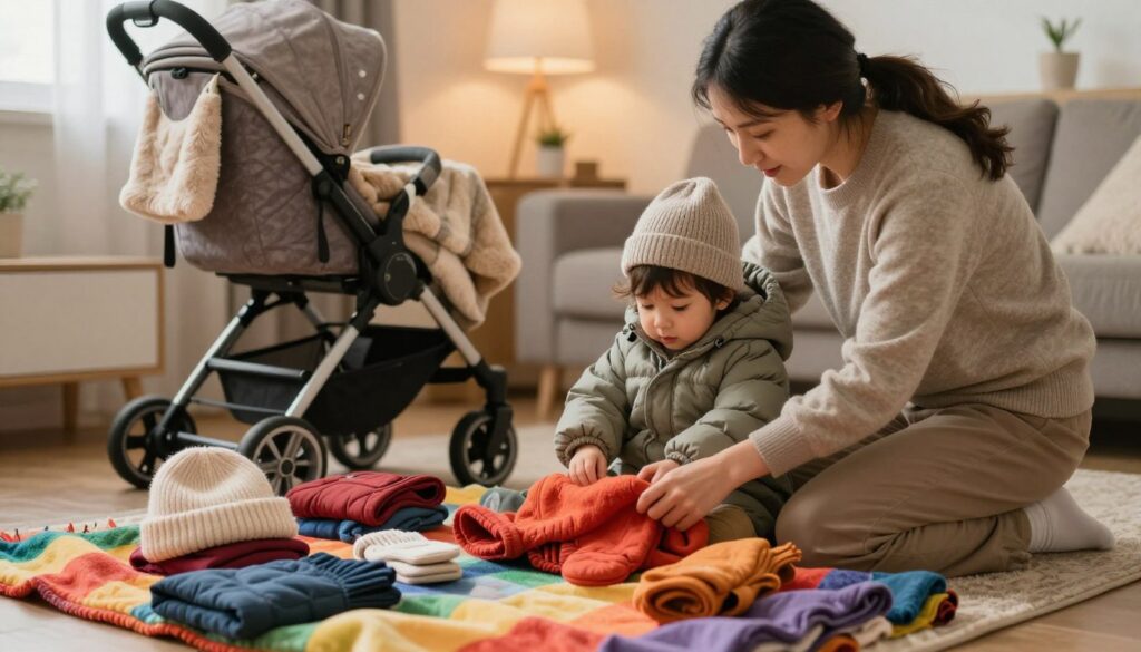 A cozy indoor scene focusing on a parent gently dressing a young child for winter. In the foreground, the parent, dressed in warm, modest clothing, kneels beside a vibrant, colorful blanket and various layers of clothing, including a soft beanie, mittens, and a puffy winter coat. The child, safely bundled, explores these textures with curious eyes. The middle ground features neatly arranged winter gear and a plush baby stroller adorned with a cuddly blanket. In the background, a softly lit room with warm lighting casts a comforting glow, suggesting a peaceful, loving atmosphere. The mood is nurturing and heartwarming, emphasizing the importance of dressing a child warmly in winter layers. A cozy indoor scene focusing on a parent gently dressing a young child for winter. In the foreground, the parent, dressed in warm, modest clothing, kneels beside a vibrant, colorful blanket and various layers of clothing, including a soft beanie, mittens, and a puffy winter coat. The child, safely bundled, explores these textures with curious eyes. The middle ground features neatly arranged winter gear and a plush baby stroller adorned with a cuddly blanket. In the background, a softly lit room with warm lighting casts a comforting glow, suggesting a peaceful, loving atmosphere. The mood is nurturing and heartwarming, emphasizing the importance of dressing a child warmly in winter layers.