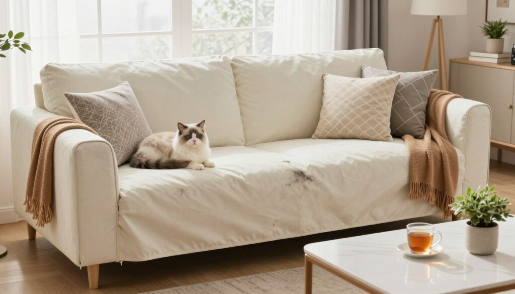 A cozy living room setting featuring a stylish couch covered with a protective slipcover to shield against pet hair and stains. In the foreground, a fluffy cat lounges on the slipcover, blending into the soft fabric. The middle ground showcases stylish decorative pillows and a warm throw draped on one side of the couch. A chic coffee table sits in front, adorned with a small plant and a serene mug of tea, hinting at comfort and relaxation. In the background, large windows allow soft natural light to illuminate the room, creating a welcoming atmosphere. The overall mood is cozy and inviting, emphasizing practicality and elegance in protecting furniture from fur and dirt. A cozy living room setting featuring a stylish couch covered with a protective slipcover to shield against pet hair and stains. In the foreground, a fluffy cat lounges on the slipcover, blending into the soft fabric. The middle ground showcases stylish decorative pillows and a warm throw draped on one side of the couch. A chic coffee table sits in front, adorned with a small plant and a serene mug of tea, hinting at comfort and relaxation. In the background, large windows allow soft natural light to illuminate the room, creating a welcoming atmosphere. The overall mood is cozy and inviting, emphasizing practicality and elegance in protecting furniture from fur and dirt.