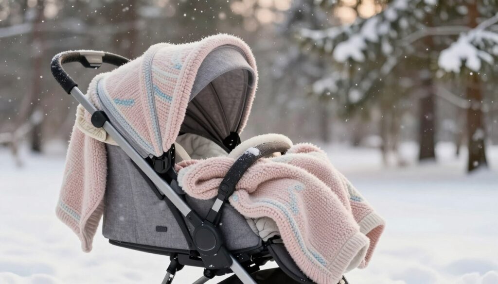 A cozy winter stroller blanket arranged gracefully in a serene outdoor setting. The foreground features a beautifully textured, warm knit blanket in soft pastel colors, draped elegantly over a stylish stroller. In the middle ground, a subtle winter landscape unfolds with gently falling snowflakes and a soft-focus backdrop of snow-dusted pine trees. The lighting is soft and warm, creating a tranquil, inviting atmosphere, reminiscent of a peaceful winter day. The composition is framed from a slight angle to emphasize the blanket's details and the snugness it provides, inviting viewers to imagine the comfort it brings to a child. The overall mood is cozy and protective, portraying the perfect winter accessory for babies. A cozy winter stroller blanket arranged gracefully in a serene outdoor setting. The foreground features a beautifully textured, warm knit blanket in soft pastel colors, draped elegantly over a stylish stroller. In the middle ground, a subtle winter landscape unfolds with gently falling snowflakes and a soft-focus backdrop of snow-dusted pine trees. The lighting is soft and warm, creating a tranquil, inviting atmosphere, reminiscent of a peaceful winter day. The composition is framed from a slight angle to emphasize the blanket's details and the snugness it provides, inviting viewers to imagine the comfort it brings to a child. The overall mood is cozy and protective, portraying the perfect winter accessory for babies.
