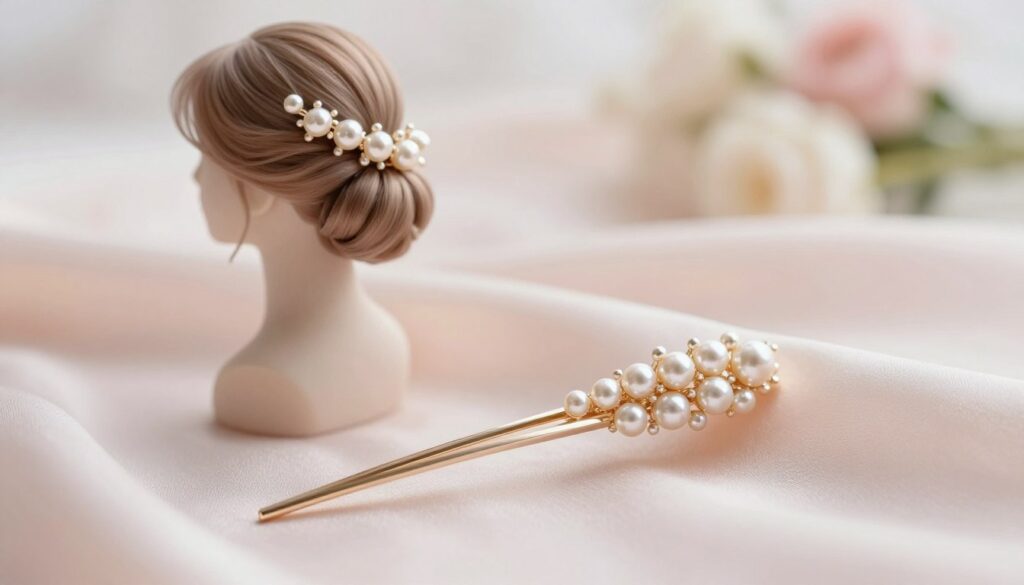 A delicate hairpin adorned with shimmering pearls, intricately designed to complement both everyday and bridal hairstyles. The foreground features the hairpin resting elegantly on a soft, pastel-colored silk fabric, with the pearls glistening in soft, diffused lighting. In the middle ground, a softly blurred silhouette of a graceful hairstyle showcases the hairpin stylishly integrated into a chic updo, symbolizing a romantic addition to the look. The background is a dreamy bokeh of gentle colors, creating a serene and ethereal atmosphere, reminiscent of a romantic morning. The image should evoke feelings of elegance and femininity, highlighting the hairpin as a versatile accessory that enhances beauty. No text, watermarks or distractions should detract from the visual harmony. A delicate hairpin adorned with shimmering pearls, intricately designed to complement both everyday and bridal hairstyles. The foreground features the hairpin resting elegantly on a soft, pastel-colored silk fabric, with the pearls glistening in soft, diffused lighting. In the middle ground, a softly blurred silhouette of a graceful hairstyle showcases the hairpin stylishly integrated into a chic updo, symbolizing a romantic addition to the look. The background is a dreamy bokeh of gentle colors, creating a serene and ethereal atmosphere, reminiscent of a romantic morning. The image should evoke feelings of elegance and femininity, highlighting the hairpin as a versatile accessory that enhances beauty. No text, watermarks or distractions should detract from the visual harmony.
