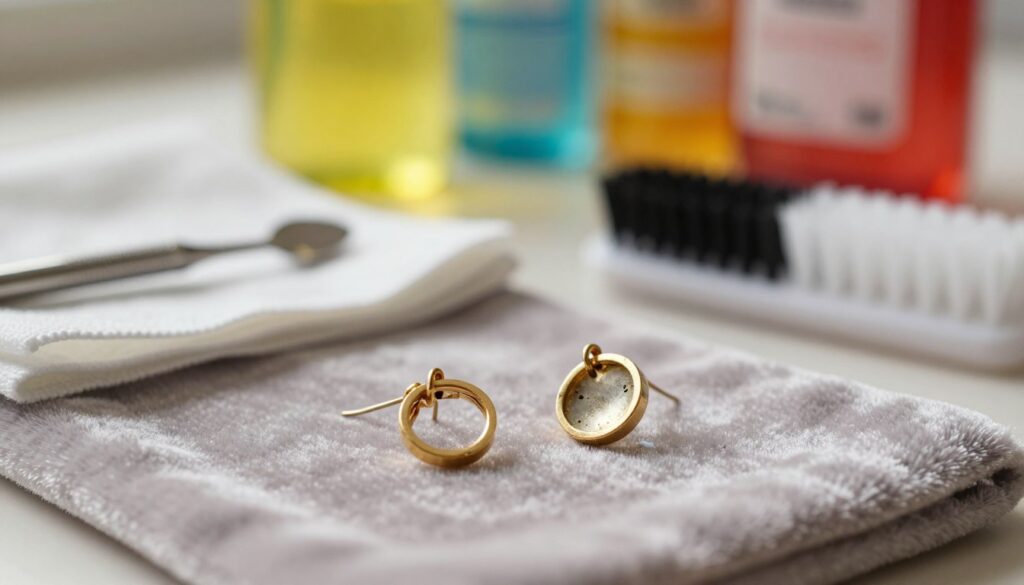 A detailed and informative composition showcasing common mistakes in cleaning jewelry, specifically highlighting gold earrings. In the foreground, a close-up of two pairs of gold earrings: one pair gleaming and pristine, the other pair scratched and tarnished, placed on a soft velvet cloth. The middle ground depicts various cleaning tools, such as abrasive cloths and sharp brushes, with a soft light reflecting off their surfaces to emphasize their potential for damage. In the background, a blurred workspace filled with bottles of bright-colored cleaning solutions, hinting at improper usage. The image is illuminated with warm, diffused lighting to create an inviting yet cautionary atmosphere, encouraging viewers to consider their cleaning methods carefully. Focused shot from a slightly elevated angle to capture depth and detail, ensuring clarity on the subject matter.