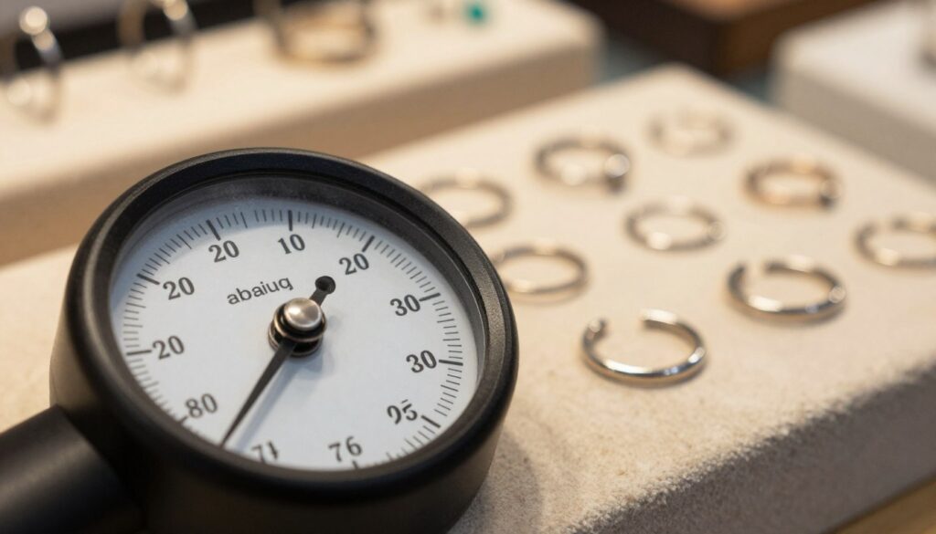 A detailed system gauge designed for nose rings, displayed prominently in the foreground. The gauge should include clearly marked millimeter measurements along its dial, showcasing precision in size selection. In the middle ground, an elegantly arranged set of nose rings in various styles – stud, hoop, and flair – should be visible, emphasizing a range of choices for comfort and aesthetics. The background features a softly blurred jewelry display, with warm, inviting lighting that highlights the shine of the materials. Capture the image with a slight tilt to give a dynamic perspective, using a shallow depth of field to keep the focus on the gauge. The overall mood should be informative yet stylish, conveying a sense of sophistication in body jewelry selection. A detailed system gauge designed for nose rings, displayed prominently in the foreground. The gauge should include clearly marked millimeter measurements along its dial, showcasing precision in size selection. In the middle ground, an elegantly arranged set of nose rings in various styles – stud, hoop, and flair – should be visible, emphasizing a range of choices for comfort and aesthetics. The background features a softly blurred jewelry display, with warm, inviting lighting that highlights the shine of the materials. Capture the image with a slight tilt to give a dynamic perspective, using a shallow depth of field to keep the focus on the gauge. The overall mood should be informative yet stylish, conveying a sense of sophistication in body jewelry selection.
