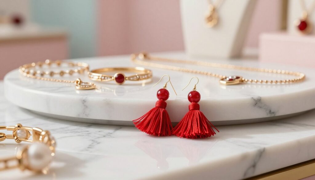 A fashionable display of trendy jewelry collection featuring vibrant red tassel earrings as the centerpiece. In the foreground, showcase the earrings elegantly placed on a glossy marble surface, catching soft, diffused natural light to enhance their texture and color. The middle layer includes an assortment of complementary jewelry pieces such as delicate bracelets and stylish necklaces with intricate designs. The background is softly blurred, hinting at a chic, modern boutique atmosphere with subtle hints of pastel-colored walls, creating an inviting and stylish mood. The overall ambiance radiates a sense of elegance and femininity, ideal for showcasing the upcoming fashion trends in jewelry. A fashionable display of trendy jewelry collection featuring vibrant red tassel earrings as the centerpiece. In the foreground, showcase the earrings elegantly placed on a glossy marble surface, catching soft, diffused natural light to enhance their texture and color. The middle layer includes an assortment of complementary jewelry pieces such as delicate bracelets and stylish necklaces with intricate designs. The background is softly blurred, hinting at a chic, modern boutique atmosphere with subtle hints of pastel-colored walls, creating an inviting and stylish mood. The overall ambiance radiates a sense of elegance and femininity, ideal for showcasing the upcoming fashion trends in jewelry.