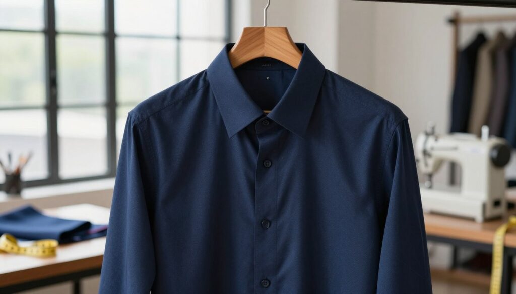 A finely tailored men's dress shirt displayed on a minimalistic wooden hanger. The shirt is made from high-quality fabric in a sophisticated navy blue with subtle patterns, showcasing precision stitching and elegant buttons. The foreground features the shirt prominently, hung against a slightly blurred backdrop of a contemporary tailor's workshop, with tools of the trade like measuring tape, fabric swatches, and a sewing machine subtly visible. Soft, diffused natural light filters through large windows, casting gentle shadows that enhance the richness of the fabric. The overall atmosphere is one of refined craftsmanship and elegance, evoking a sense of bespoke tailoring for discerning clients seeking quality and style. A finely tailored men's dress shirt displayed on a minimalistic wooden hanger. The shirt is made from high-quality fabric in a sophisticated navy blue with subtle patterns, showcasing precision stitching and elegant buttons. The foreground features the shirt prominently, hung against a slightly blurred backdrop of a contemporary tailor's workshop, with tools of the trade like measuring tape, fabric swatches, and a sewing machine subtly visible. Soft, diffused natural light filters through large windows, casting gentle shadows that enhance the richness of the fabric. The overall atmosphere is one of refined craftsmanship and elegance, evoking a sense of bespoke tailoring for discerning clients seeking quality and style.