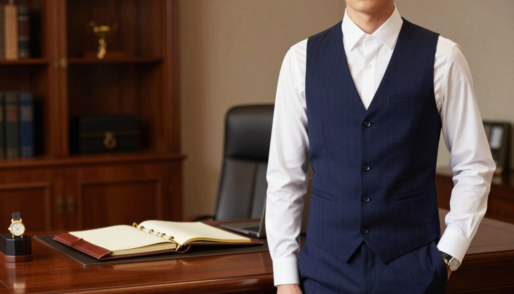 A formal men's vest in a sophisticated setting, showcasing a sleek, tailored design. The vest is a deep navy blue, featuring subtle pinstripes and a well-defined silhouette. In the foreground, a well-dressed man stands confidently, wearing a crisp white dress shirt and a matching navy suit, the vest elegantly fitted over his shirt. His expression is calm and assured, capturing the essence of professionalism. In the middle ground, there's a polished wooden desk adorned with a classic leather-bound planner and a vintage watch, hinting at a business environment. The background features soft-focus elements of an upscale office, with warm ambient lighting to create a refined atmosphere. The scene should evoke a sense of elegance and style, ideal for formal occasions. A formal men's vest in a sophisticated setting, showcasing a sleek, tailored design. The vest is a deep navy blue, featuring subtle pinstripes and a well-defined silhouette. In the foreground, a well-dressed man stands confidently, wearing a crisp white dress shirt and a matching navy suit, the vest elegantly fitted over his shirt. His expression is calm and assured, capturing the essence of professionalism. In the middle ground, there's a polished wooden desk adorned with a classic leather-bound planner and a vintage watch, hinting at a business environment. The background features soft-focus elements of an upscale office, with warm ambient lighting to create a refined atmosphere. The scene should evoke a sense of elegance and style, ideal for formal occasions.