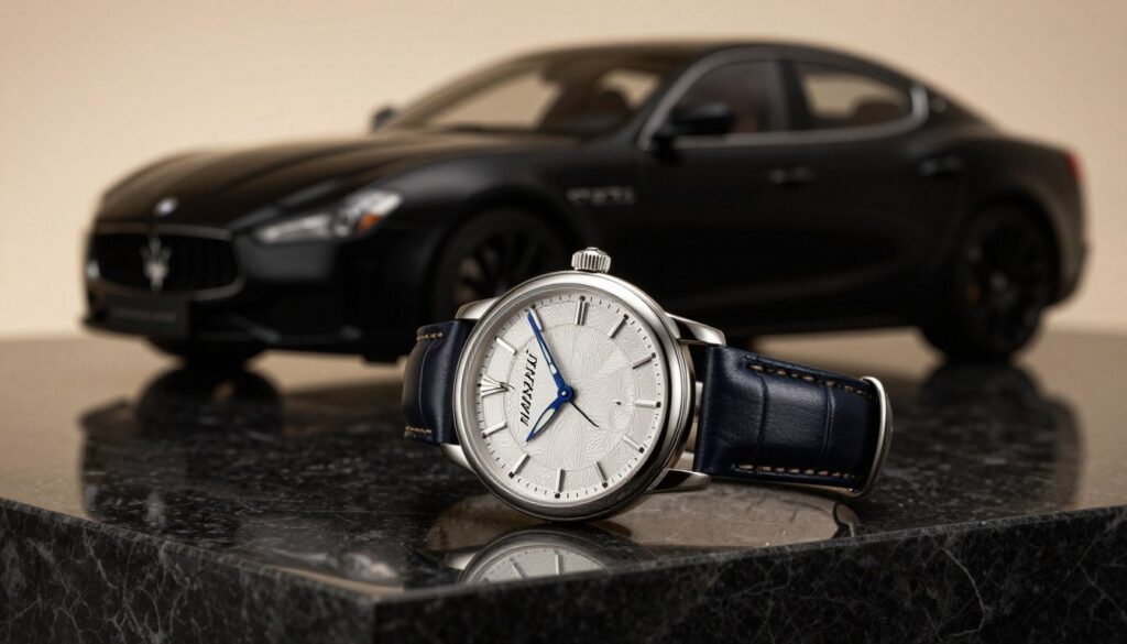 A luxurious Maserati watch is displayed prominently on a polished black marble surface, with an elegant leather strap and intricate dial detailing that showcases the brand's craftsmanship. In the background, the silhouette of a Maserati car can be seen, enhancing the connection between the timepiece and the brand. Soft, warm lighting creates a sophisticated and inviting atmosphere, highlighting the reflections on the watch's glass. The angle of the shot captures both the watch and the car, creating a dynamic composition. The overall mood is one of luxury and precision, perfect for illustrating the artistry involved in Maserati watch production. A luxurious Maserati watch is displayed prominently on a polished black marble surface, with an elegant leather strap and intricate dial detailing that showcases the brand's craftsmanship. In the background, the silhouette of a Maserati car can be seen, enhancing the connection between the timepiece and the brand. Soft, warm lighting creates a sophisticated and inviting atmosphere, highlighting the reflections on the watch's glass. The angle of the shot captures both the watch and the car, creating a dynamic composition. The overall mood is one of luxury and precision, perfect for illustrating the artistry involved in Maserati watch production.