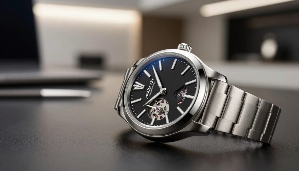 A luxurious Maserati watch prominently displayed in the foreground, showcasing its exquisite craftsmanship. The watch features a sleek black dial with elegant silver hour markers and a polished stainless steel case, reflecting high-quality materials and meticulous design. In the middle ground, a blurred background of a sophisticated workspace with soft, ambient lighting highlights a modern aesthetic. A subtle bokeh effect enhances the focal point of the watch. The atmosphere conveys opulence and attention to detail, reflecting the essence of Maserati's brand identity. The angle captures the watch from a slight top-down perspective, allowing viewers to appreciate the intricate mechanics visible through its transparent case back. The mood is upscale and refined, intended for discerning watch enthusiasts. A luxurious Maserati watch prominently displayed in the foreground, showcasing its exquisite craftsmanship. The watch features a sleek black dial with elegant silver hour markers and a polished stainless steel case, reflecting high-quality materials and meticulous design. In the middle ground, a blurred background of a sophisticated workspace with soft, ambient lighting highlights a modern aesthetic. A subtle bokeh effect enhances the focal point of the watch. The atmosphere conveys opulence and attention to detail, reflecting the essence of Maserati's brand identity. The angle captures the watch from a slight top-down perspective, allowing viewers to appreciate the intricate mechanics visible through its transparent case back. The mood is upscale and refined, intended for discerning watch enthusiasts.
