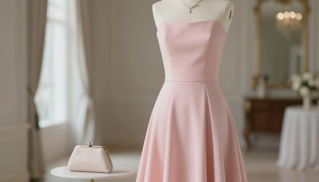 A minimalistic setting highlighting a beautiful pink dress, elegantly displayed on a mannequin. The dress features clean lines, a fitted bodice, and a flowing skirt, embodying simplicity and sophistication. Surrounding the dress, a few carefully chosen accessories like a subtle silver necklace, delicate earrings, and a minimalist clutch, complement but don’t overpower the outfit. Soft, diffused natural light illuminates the scene, creating a serene atmosphere. The background includes a soft-focus view of an elegant wedding venue, hinting at understated luxury. The photo is shot with a shallow depth of field, emphasizing the dress and accessories while gently blurring the background for an intimate feel. The overall mood is refined and stylish, perfect for a wedding look guided by the principles of minimalism. A minimalistic setting highlighting a beautiful pink dress, elegantly displayed on a mannequin. The dress features clean lines, a fitted bodice, and a flowing skirt, embodying simplicity and sophistication. Surrounding the dress, a few carefully chosen accessories like a subtle silver necklace, delicate earrings, and a minimalist clutch, complement but don’t overpower the outfit. Soft, diffused natural light illuminates the scene, creating a serene atmosphere. The background includes a soft-focus view of an elegant wedding venue, hinting at understated luxury. The photo is shot with a shallow depth of field, emphasizing the dress and accessories while gently blurring the background for an intimate feel. The overall mood is refined and stylish, perfect for a wedding look guided by the principles of minimalism.