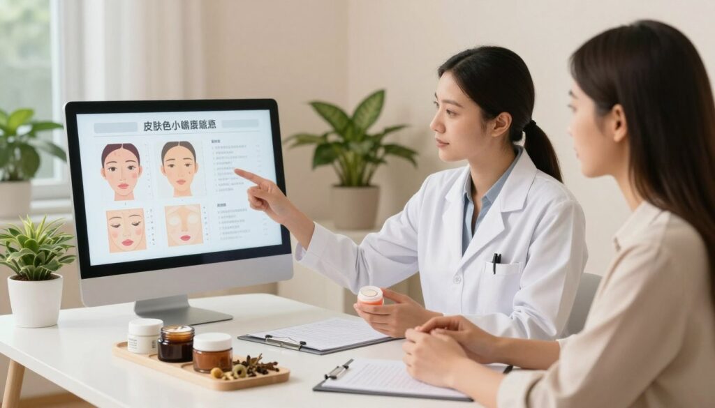 A modern skincare consultation scene, featuring a skincare expert and a client sitting at a well-decorated consultation table. The expert is analyzing various cream formulations, with a focus on matching products to different skin types. In the foreground, a range of cream jars and botanical ingredients, emphasizing a natural aesthetic, while in the middle ground, the expert, wearing professional business attire, gestures towards a large visual display showing skin types and cream compatibility charts. The background features calming pastel colors with potted plants to create a soothing atmosphere. Soft, diffused lighting enhances the inviting ambiance, conveying a sense of trust and professionalism. The angle captures the interaction between the expert and client, highlighting the importance of personalized skincare.