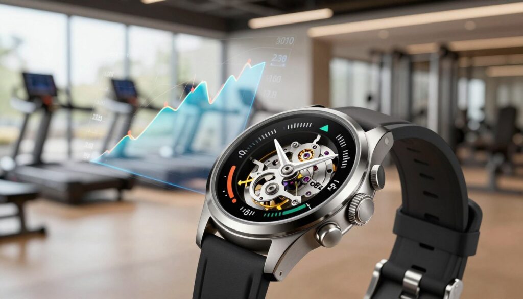 A modern watch with a built-in gyroscope, showcasing its intricate inner mechanics, prominently displayed in the foreground. The watch features a sleek digital interface that indicates activity tracking metrics like steps, heart rate, and calories burned. In the middle ground, a faint overlay of dynamic graphs and data visualizations symbolizes real-time activity monitoring, emphasizing precision and accuracy. The background is softly blurred, featuring a stylish gym environment with fitness equipment, highlighting an active lifestyle. The scene is illuminated by bright, natural lighting, creating a vibrant and energetic atmosphere. The angle is slightly tilted to give a dynamic view of the watch while retaining focus on the gyroscopic technology, inviting interest and curiosity about its role in fitness tracking.