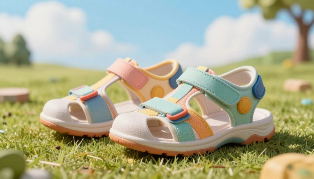 A pair of colorful, child-sized sandals designed for comfort and safety, positioned prominently in the foreground, showcasing a mix of soft materials and ergonomic design features. The sandals should have a practical Velcro strap, cushioned insoles, and a flexible sole, emphasizing their functionality. In the middle ground, a soft, grassy park area serves as a natural and inviting environment, hinting at outdoor play. The background features a bright blue sky with fluffy clouds, suggesting a sunny day. The lighting is warm and cheerful, casting gentle shadows, and the angle is slightly above eye level, allowing for a detailed view of the sandals while maintaining a sense of playful adventure. The overall atmosphere is joyful and child-friendly, reflecting healthy foot development and active play. A pair of colorful, child-sized sandals designed for comfort and safety, positioned prominently in the foreground, showcasing a mix of soft materials and ergonomic design features. The sandals should have a practical Velcro strap, cushioned insoles, and a flexible sole, emphasizing their functionality. In the middle ground, a soft, grassy park area serves as a natural and inviting environment, hinting at outdoor play. The background features a bright blue sky with fluffy clouds, suggesting a sunny day. The lighting is warm and cheerful, casting gentle shadows, and the angle is slightly above eye level, allowing for a detailed view of the sandals while maintaining a sense of playful adventure. The overall atmosphere is joyful and child-friendly, reflecting healthy foot development and active play.