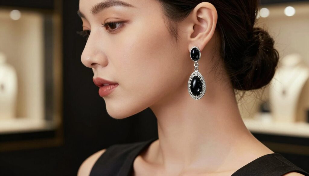 A pair of elegant black dangling earrings made of silver, prominently displayed in the foreground. The earrings should have intricate details, featuring delicate filigree work and shimmering onyx stones that catch the light. The model showcasing the earrings is a woman with an elegant hairstyle, wearing a simple, chic outfit that enhances the focus on the jewelry. The background is softly blurred, suggesting an upscale setting, perhaps a dimly lit boutique, with warm, ambient lighting highlighting the earrings. The mood is sophisticated and refined, conveying a sense of luxury and style, perfect for showcasing how hanging earrings accentuate facial features. Capture this scene with a medium-close-up shot, emphasizing the earrings' design and their visual impact on the model's face. A pair of elegant black dangling earrings made of silver, prominently displayed in the foreground. The earrings should have intricate details, featuring delicate filigree work and shimmering onyx stones that catch the light. The model showcasing the earrings is a woman with an elegant hairstyle, wearing a simple, chic outfit that enhances the focus on the jewelry. The background is softly blurred, suggesting an upscale setting, perhaps a dimly lit boutique, with warm, ambient lighting highlighting the earrings. The mood is sophisticated and refined, conveying a sense of luxury and style, perfect for showcasing how hanging earrings accentuate facial features. Capture this scene with a medium-close-up shot, emphasizing the earrings' design and their visual impact on the model's face.