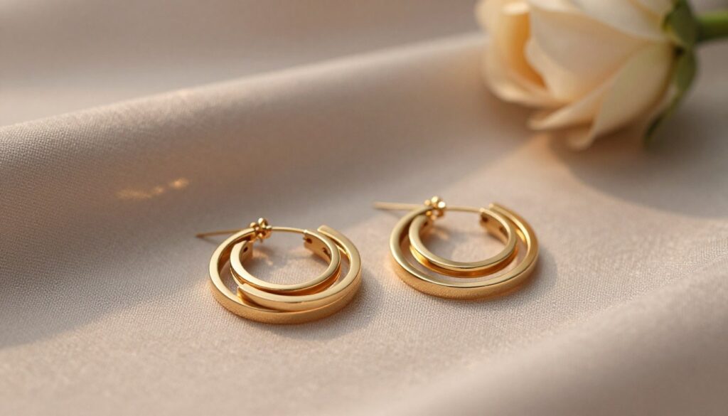 A pair of elegant double hoop earrings elegantly displayed on a soft, textured fabric backdrop. The foreground features the earrings glistening under warm, diffused lighting that highlights their layered design, showcasing a perfect blend of modern sophistication and timeless charm. The middle ground includes subtle reflections of light creating a sense of depth, enhancing the visual allure of the jewelry. In the background, a hint of a soft-focus floral arrangement adds a delicate touch without distracting from the earrings. The overall mood is refined and stylish, embodying the essence of layered jewelry, portraying both beauty and versatility. Capture the richness of materials and the intricate details of the design while maintaining a sophisticated atmosphere.