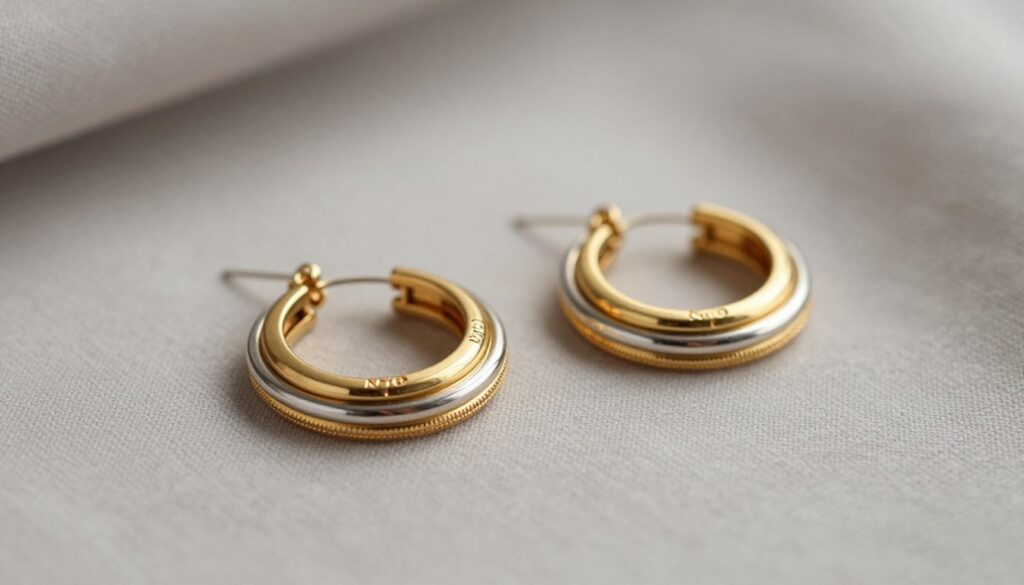 A pair of elegant double hoop earrings lying on a soft, textured fabric background. The earrings, crafted from high-quality gold and silver, should display intricate detailing that highlights their layered design, showcasing a fusion of modern and classic styles. Soft, diffused lighting casts gentle shadows, accentuating the gleam of the materials. In the foreground, focus closely on the craftsmanship, revealing fine engravings and the seamless connection between the hoops. The middle ground features a subtle bokeh effect to enhance the earrings without distraction. The overall mood is sophisticated and chic, inviting admiration for the artistry and precision of the jewelry.