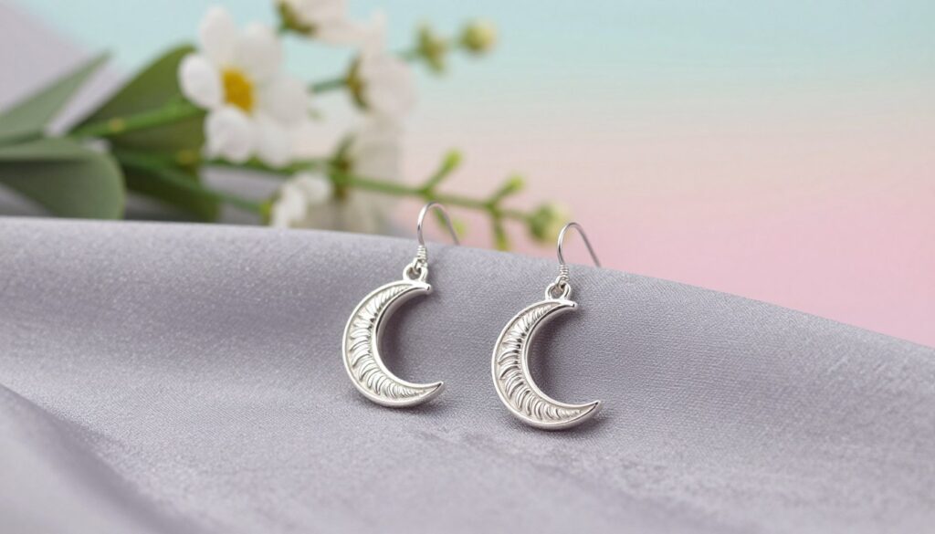 A pair of elegant silver earrings shaped like crescent moons, intricately detailed with delicate patterns that reflect light. The earrings are displayed prominently in the foreground, artistically draped on a soft, textured fabric with a subtle sheen. In the middle ground, a softly blurred arrangement of natural elements like white flowers and greenery adds a touch of freshness, setting an organic context. The background features a gentle gradient of soft pastel colors, creating a serene and calming atmosphere. The lighting is soft and diffused, highlighting the shine of the silver and enhancing the intricate details of the earrings. The overall mood is tranquil and sophisticated, perfect for fans of subtle jewelry. A pair of elegant silver earrings shaped like crescent moons, intricately detailed with delicate patterns that reflect light. The earrings are displayed prominently in the foreground, artistically draped on a soft, textured fabric with a subtle sheen. In the middle ground, a softly blurred arrangement of natural elements like white flowers and greenery adds a touch of freshness, setting an organic context. The background features a gentle gradient of soft pastel colors, creating a serene and calming atmosphere. The lighting is soft and diffused, highlighting the shine of the silver and enhancing the intricate details of the earrings. The overall mood is tranquil and sophisticated, perfect for fans of subtle jewelry.
