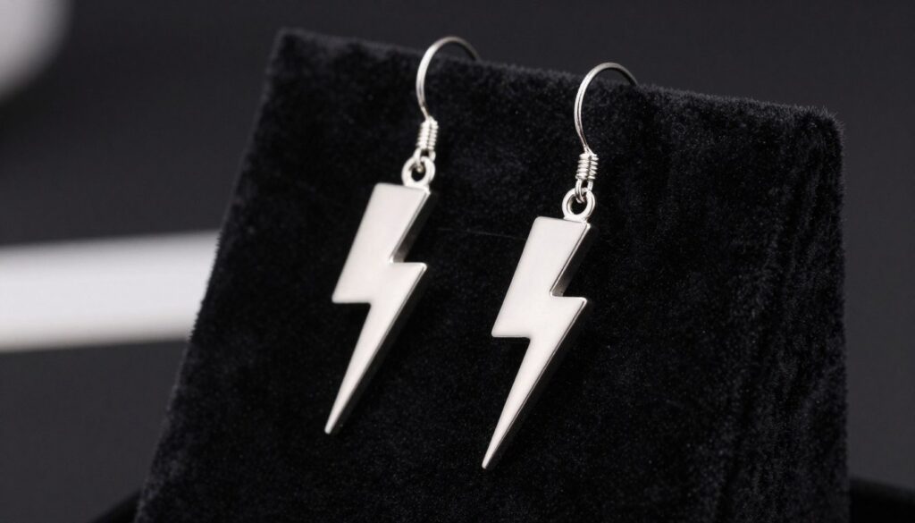 A pair of striking lightning bolt earrings crafted from high-quality materials, prominently displayed on a softly lit, elegant black velvet background. The earrings are silver with a polished finish, showcasing intricate details and a modern design that emphasizes their energetic aesthetic. In the foreground, the earrings hang from a delicate display stand, with a focus on their craftsmanship and brilliance. The subtle gleam of the metal catches the light, creating a sense of dynamism. The lighting is soft yet highlights the contours, enhancing the mood of sophistication and vibrancy. The overall atmosphere is professional and inviting, perfect for illustrating product quality in a contemporary fashion context. A pair of striking lightning bolt earrings crafted from high-quality materials, prominently displayed on a softly lit, elegant black velvet background. The earrings are silver with a polished finish, showcasing intricate details and a modern design that emphasizes their energetic aesthetic. In the foreground, the earrings hang from a delicate display stand, with a focus on their craftsmanship and brilliance. The subtle gleam of the metal catches the light, creating a sense of dynamism. The lighting is soft yet highlights the contours, enhancing the mood of sophistication and vibrancy. The overall atmosphere is professional and inviting, perfect for illustrating product quality in a contemporary fashion context.