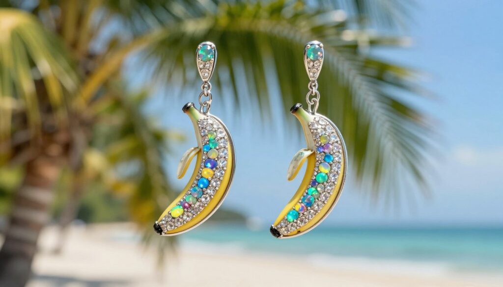 A pair of whimsical banana-shaped earrings adorned with sparkling cubic zirconia and vibrant opals, elegantly displayed in the foreground. The earrings glisten under soft, natural sunlight, highlighting their intricate design and colorful gemstones. In the middle layer, a soft-focus background features a lush, tropical setting with palm leaves and a clear blue sky, evoking a light, summery vibe. The overall atmosphere is playful and fun, fitting for casual beachside or summer outings. The image should be captured using a shallow depth of field, emphasizing the earrings while gently blurring the background. The lighting is warm and inviting, creating a cheerful and fashionable aesthetic. A pair of whimsical banana-shaped earrings adorned with sparkling cubic zirconia and vibrant opals, elegantly displayed in the foreground. The earrings glisten under soft, natural sunlight, highlighting their intricate design and colorful gemstones. In the middle layer, a soft-focus background features a lush, tropical setting with palm leaves and a clear blue sky, evoking a light, summery vibe. The overall atmosphere is playful and fun, fitting for casual beachside or summer outings. The image should be captured using a shallow depth of field, emphasizing the earrings while gently blurring the background. The lighting is warm and inviting, creating a cheerful and fashionable aesthetic.