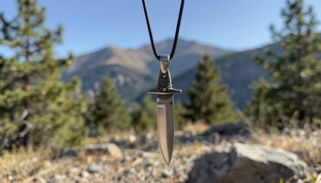 A practical necklace featuring a small, elegantly crafted knife pendant, designed for everyday use and survival situations. In the foreground, the necklace hangs prominently, showcasing intricate details of the knife’s handle and blade. The middle ground features a rugged, outdoor setting with elements like pine trees and a soft, blurred background of mountains under a clear blue sky. The scene is illuminated by soft, natural sunlight that creates a warm glow, highlighting the necklace's reflective surfaces. The overall mood is adventurous and practical, appealing to those who appreciate functionality in jewelry. Captured from a slightly elevated angle to emphasize the necklace's design and context. A practical necklace featuring a small, elegantly crafted knife pendant, designed for everyday use and survival situations. In the foreground, the necklace hangs prominently, showcasing intricate details of the knife’s handle and blade. The middle ground features a rugged, outdoor setting with elements like pine trees and a soft, blurred background of mountains under a clear blue sky. The scene is illuminated by soft, natural sunlight that creates a warm glow, highlighting the necklace's reflective surfaces. The overall mood is adventurous and practical, appealing to those who appreciate functionality in jewelry. Captured from a slightly elevated angle to emphasize the necklace's design and context.