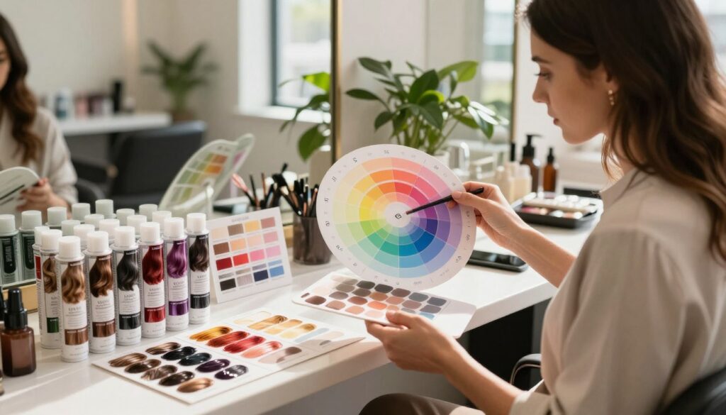 A professional hairstylist in a chic salon setting analyzes various hair dye shades against a color wheel, surrounded by vibrant paint samples reflecting different skin tones. The foreground features the stylist, a woman in a stylish, modest outfit, attentively mixing paint swatches on a palette. In the middle, a well-organized array of hair dye tubes and color charts showcases a spectrum of hues that complement distinct beauty types. The background captures a softly lit salon atmosphere with elegant mirrors and lush plants, creating a warm and inviting vibe. The scene emphasizes the importance of matching hair colors to individual beauty types, evoking a sense of creativity and professionalism. Natural sunlight filters through large windows, casting gentle shadows and enhancing the colors’ richness.