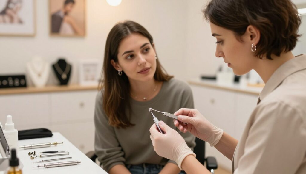 A professional piercer in a clean, well-lit piercing studio is consulting with a client. The foreground features the piercer, a person in a smart, modest attire, holding a pair of professional piercing tools and demonstrating proper techniques. The client, a person sitting comfortably, looks intrigued and focused, seeking advice. In the middle ground, a workbench filled with sterilized tools and various ear accessories is visible. The background includes soft-focus images of piercing jewelry displayed elegantly on the wall, emphasizing a welcoming and sterile environment. The lighting is warm and bright, creating a friendly and informative atmosphere. The angle captures both the piercer and client, highlighting the importance of professional consultation in body modification. A professional piercer in a clean, well-lit piercing studio is consulting with a client. The foreground features the piercer, a person in a smart, modest attire, holding a pair of professional piercing tools and demonstrating proper techniques. The client, a person sitting comfortably, looks intrigued and focused, seeking advice. In the middle ground, a workbench filled with sterilized tools and various ear accessories is visible. The background includes soft-focus images of piercing jewelry displayed elegantly on the wall, emphasizing a welcoming and sterile environment. The lighting is warm and bright, creating a friendly and informative atmosphere. The angle captures both the piercer and client, highlighting the importance of professional consultation in body modification.